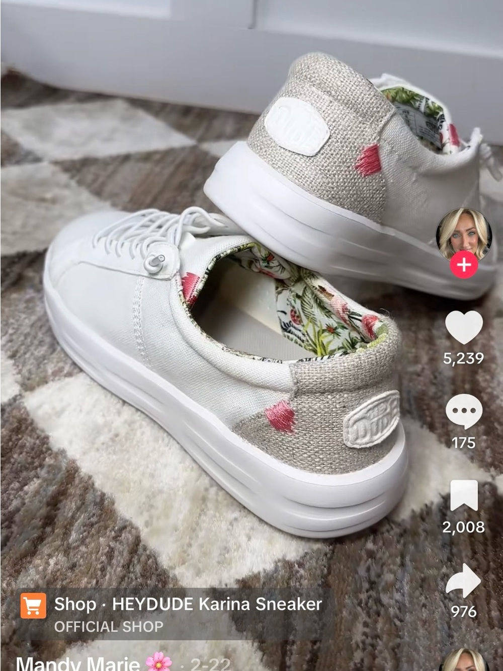 Hey Dude Karina White Canvas Sneakers with Pink Stitch Accent